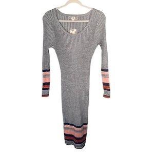 Pink Rose NWT Ribbed Grey Knit MIDI Dress Navy Pink Coral Stripes F9